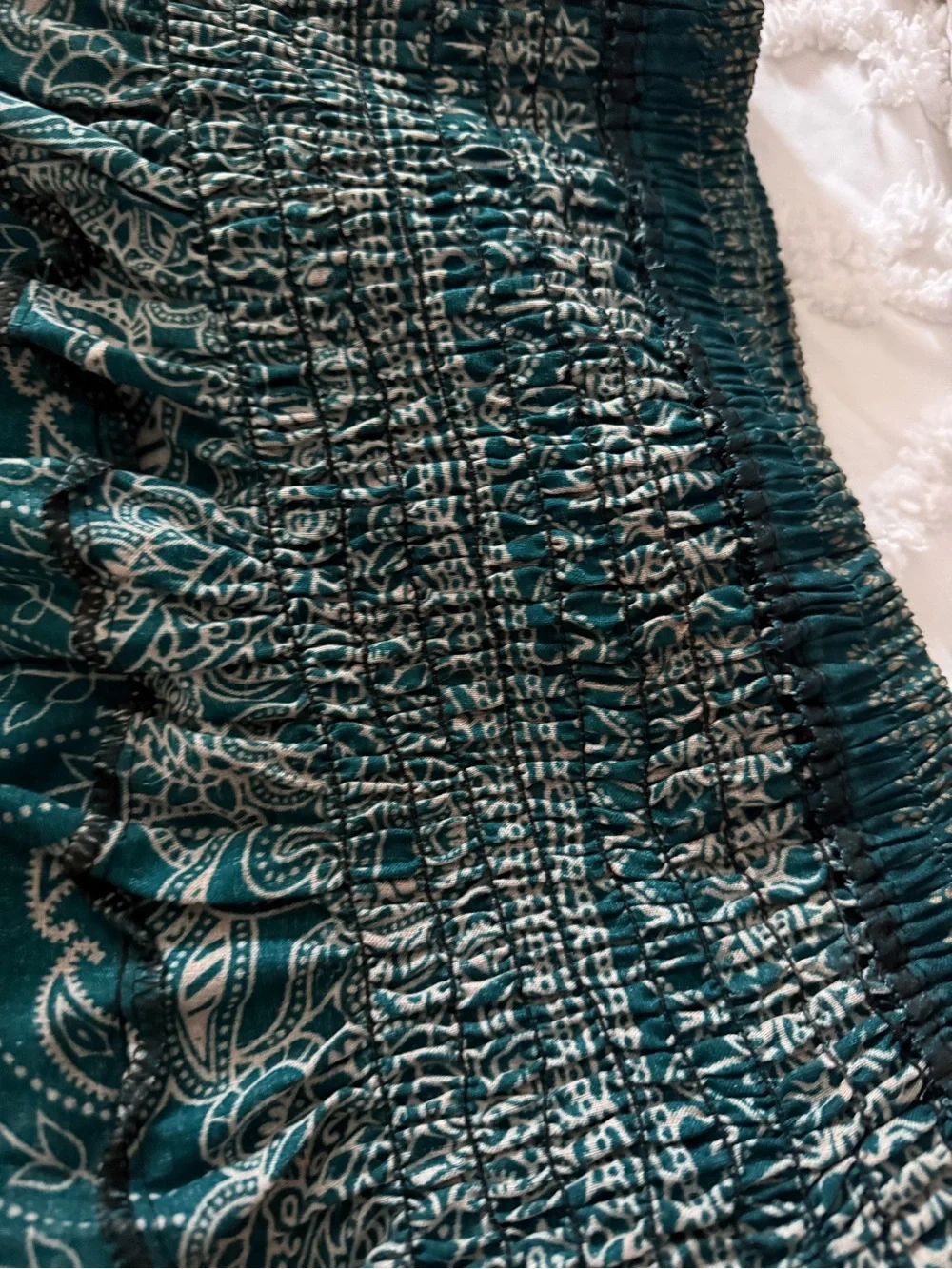 Teal Embroidered Maxi Skirt with Smocked Waist and Tie
